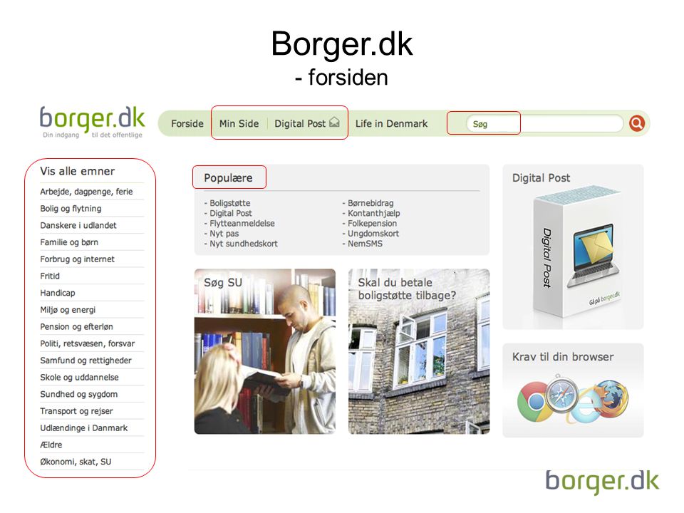 Borger.dk - forsiden - Dette er forsiden af hjemmesiden borger.dk. Det er primært her, at borgerne kommunikerer digitalt med det offentlige.
