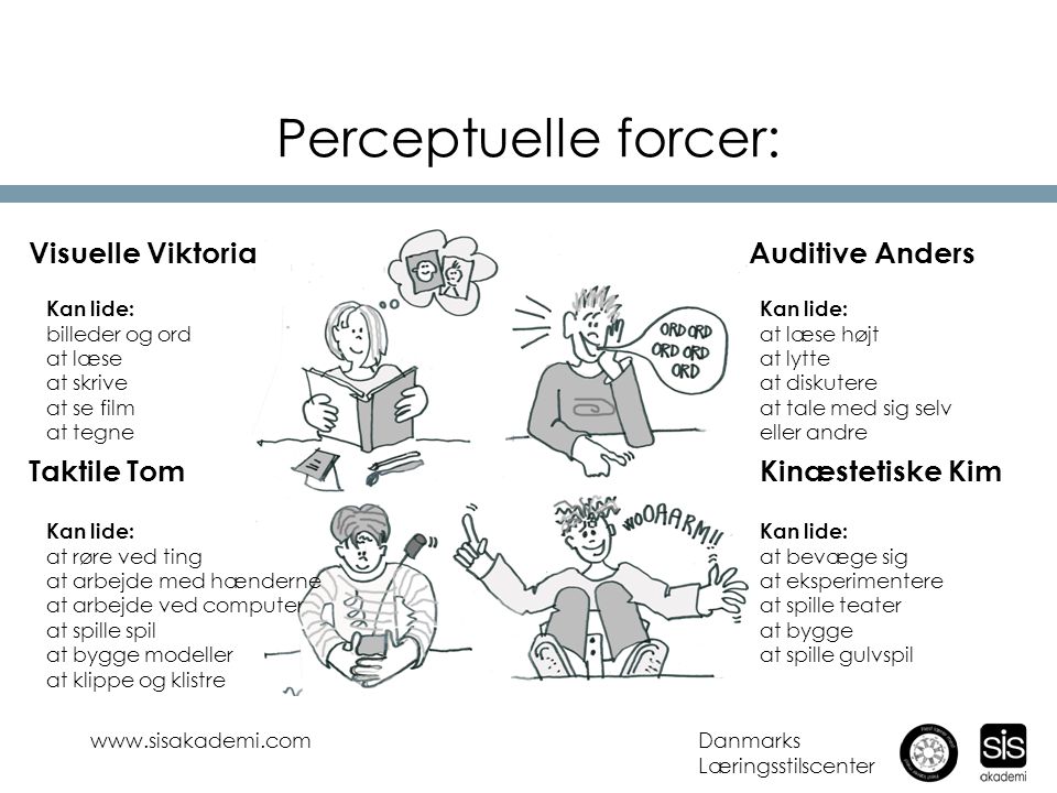 Perceptuelle forcer: Visuelle Viktoria Auditive Anders Taktile Tom