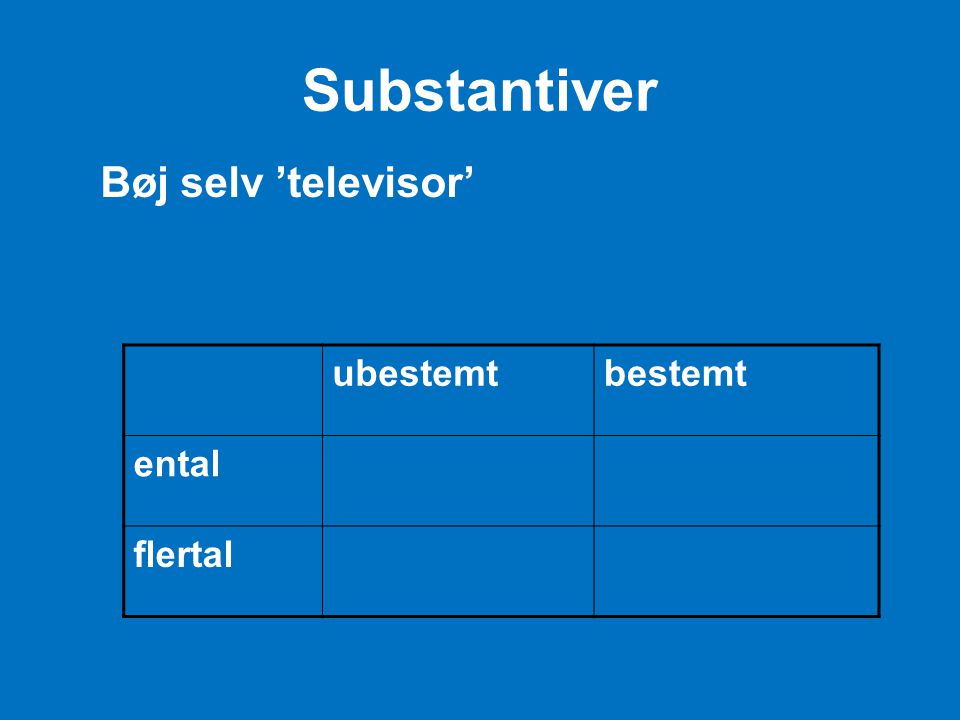 Substantiver Bøj selv ’televisor’ ubestemt bestemt ental flertal