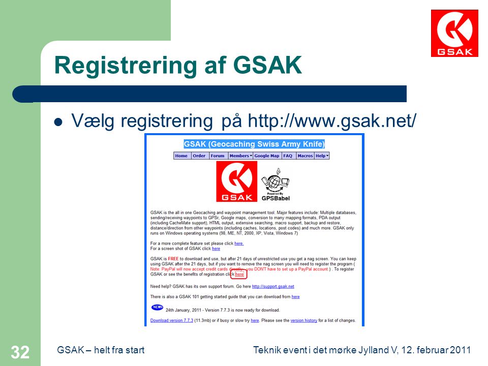 Registrering af GSAK Vælg registrering på