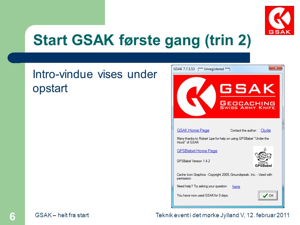 Start GSAK første gang (trin 2)