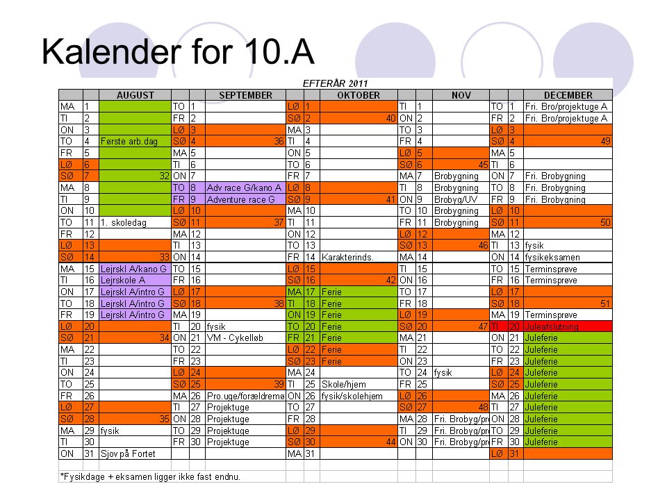 Kalender for 10.A