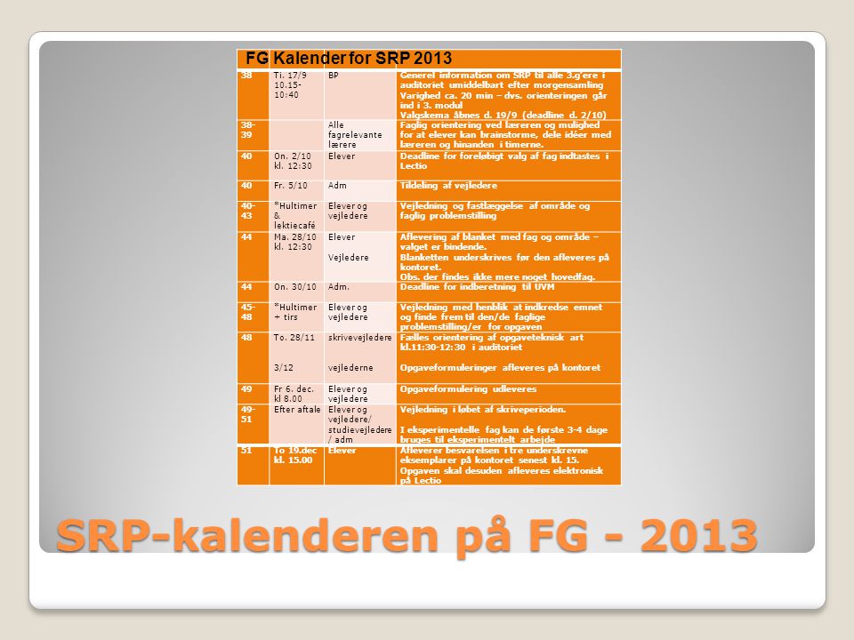 SRP-kalenderen på FG FG Kalender for SRP Ti. 17/9