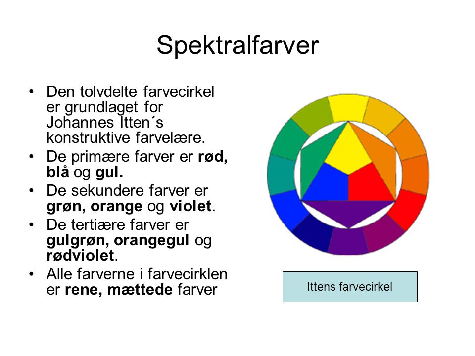 Spektralfarver Den tolvdelte farvecirkel er grundlaget for Johannes Itten´s konstruktive farvelære.