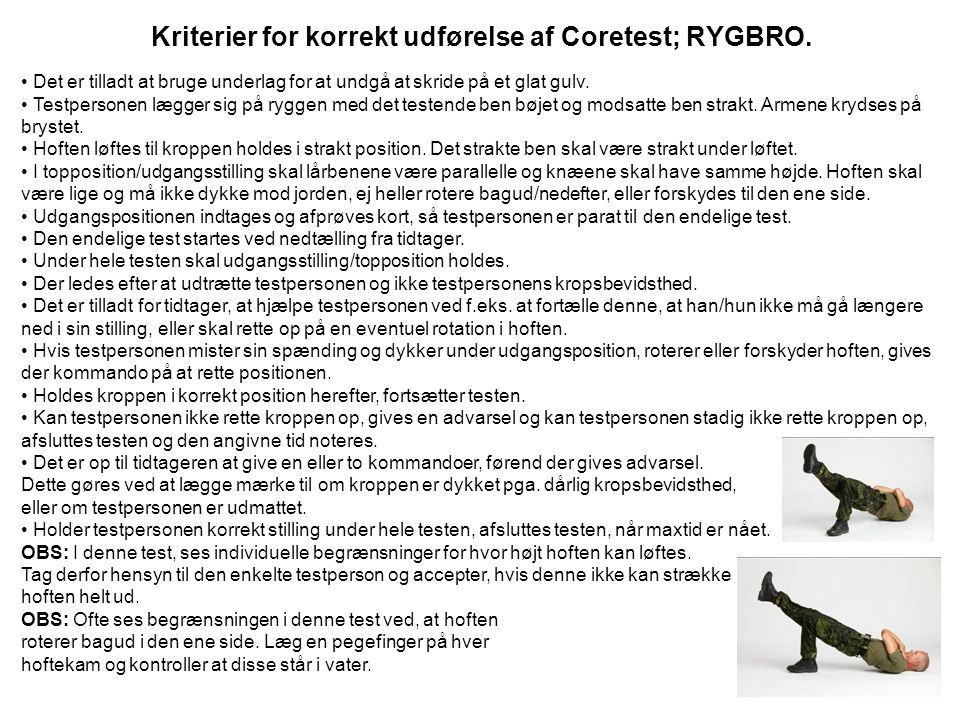 Kriterier for korrekt udførelse af Coretest; RYGBRO.