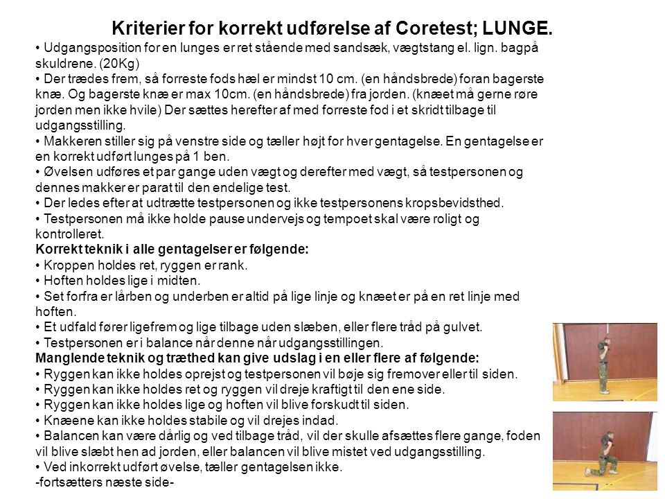 Kriterier for korrekt udførelse af Coretest; LUNGE.