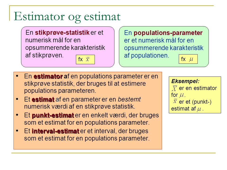 Estimator og estimat En stikprøve-statistik er et numerisk mål for en opsummerende karakteristik af stikprøven.