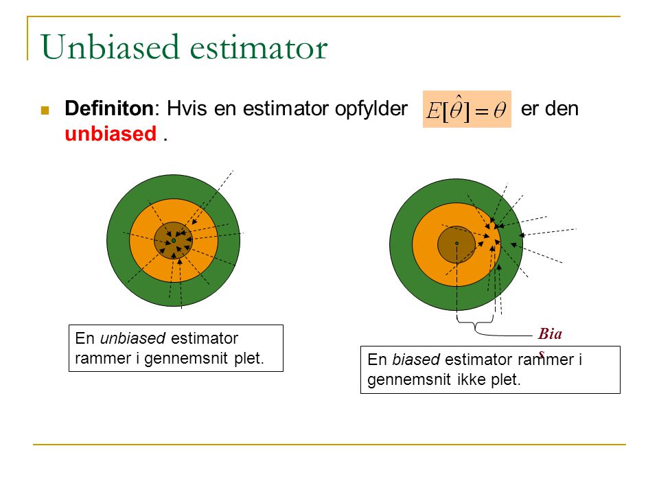 Unbiased estimator Definiton: Hvis en estimator opfylder er den unbiased . Bias.