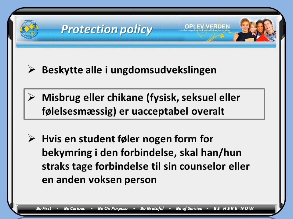 Protection policy Beskytte alle i ungdomsudvekslingen