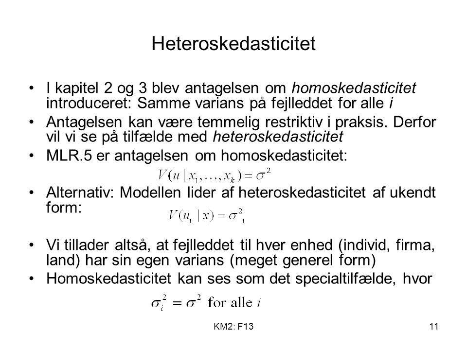 Heteroskedasticitet I kapitel 2 og 3 blev antagelsen om homoskedasticitet introduceret: Samme varians på fejlleddet for alle i.