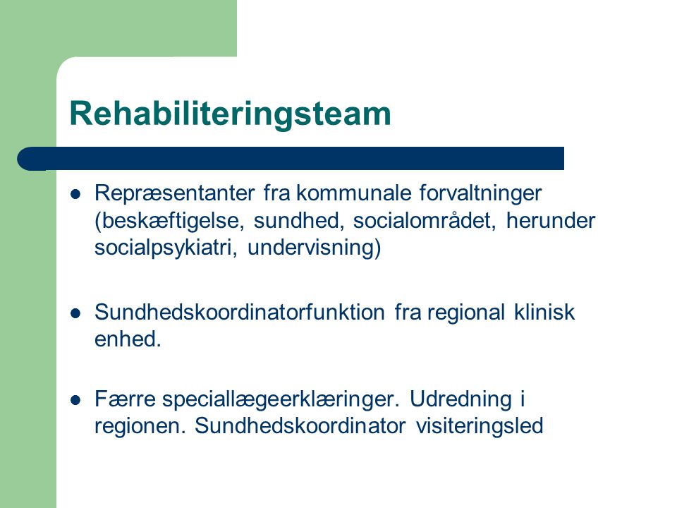 Rehabiliteringsteam Repræsentanter fra kommunale forvaltninger (beskæftigelse, sundhed, socialområdet, herunder socialpsykiatri, undervisning)