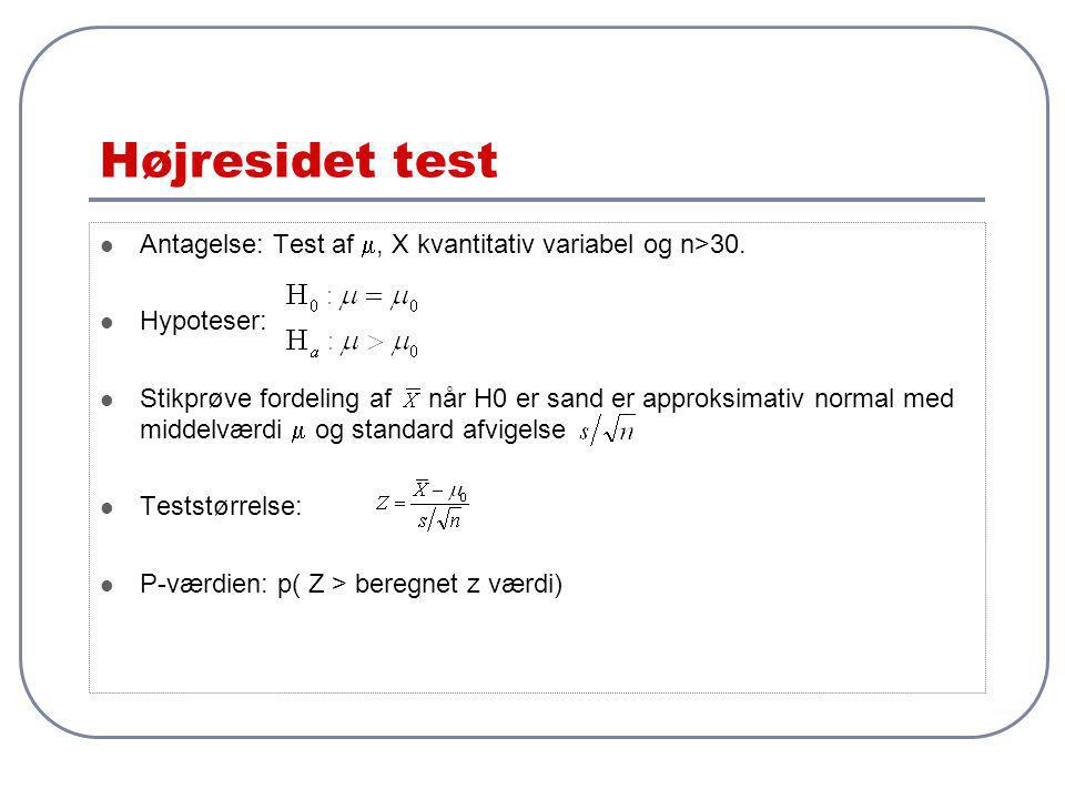 Højresidet test Antagelse: Test af m, X kvantitativ variabel og n>30. Hypoteser: