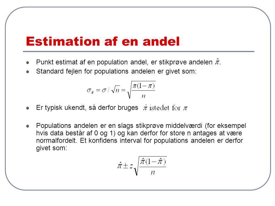 Estimation af en andel Punkt estimat af en population andel, er stikprøve andelen . Standard fejlen for populations andelen er givet som: