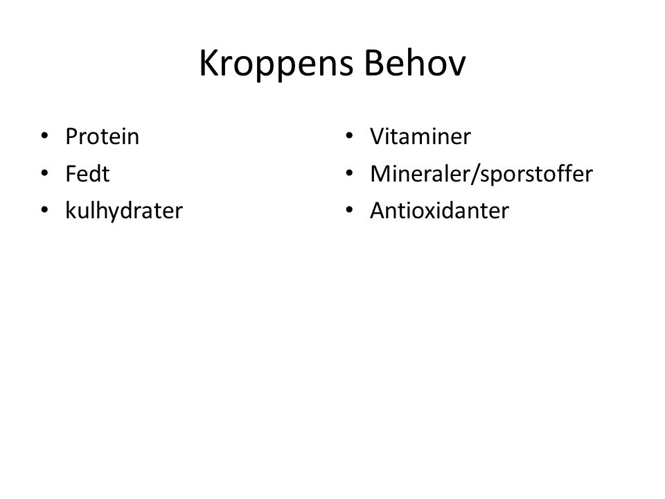 Kroppens Behov Protein Fedt kulhydrater Vitaminer