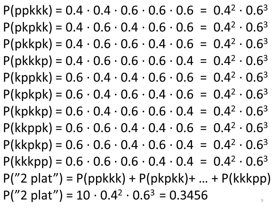 P(ppkkk) = 0.4 · 0.4 · 0.6 · 0.6 · 0.6 = 0.42 · 0.63 P(pkpkk) = 0.4 · 0.6 · 0.4 · 0.6 · 0.6 = 0.42 ·