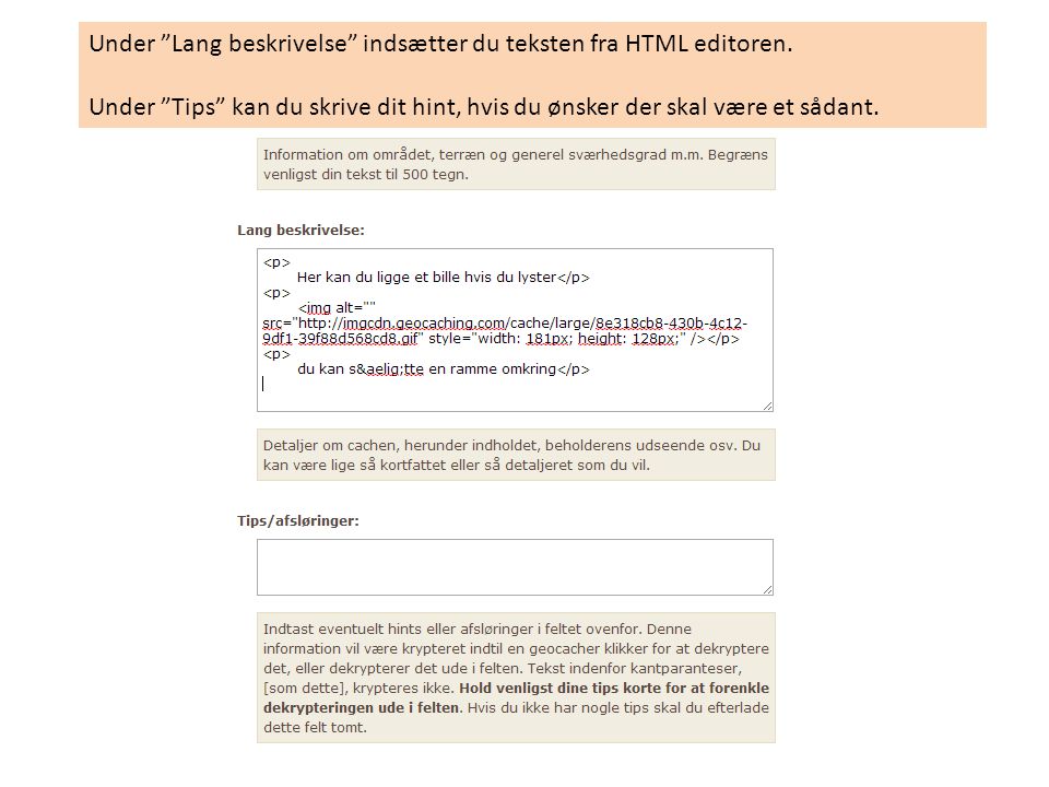 Under Lang beskrivelse indsætter du teksten fra HTML editoren.