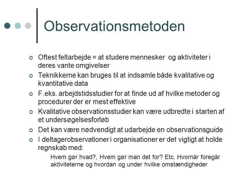 Observationsmetoden Oftest feltarbejde = at studere mennesker og aktiviteter i deres vante omgivelser.