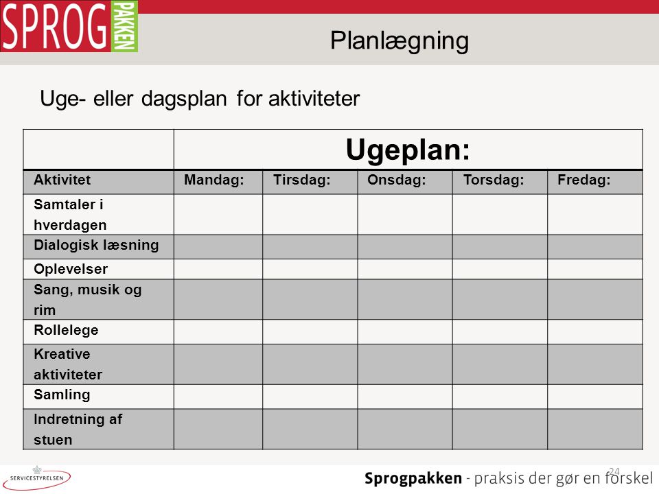 Ugeplan: Planlægning Uge- eller dagsplan for aktiviteter Aktivitet