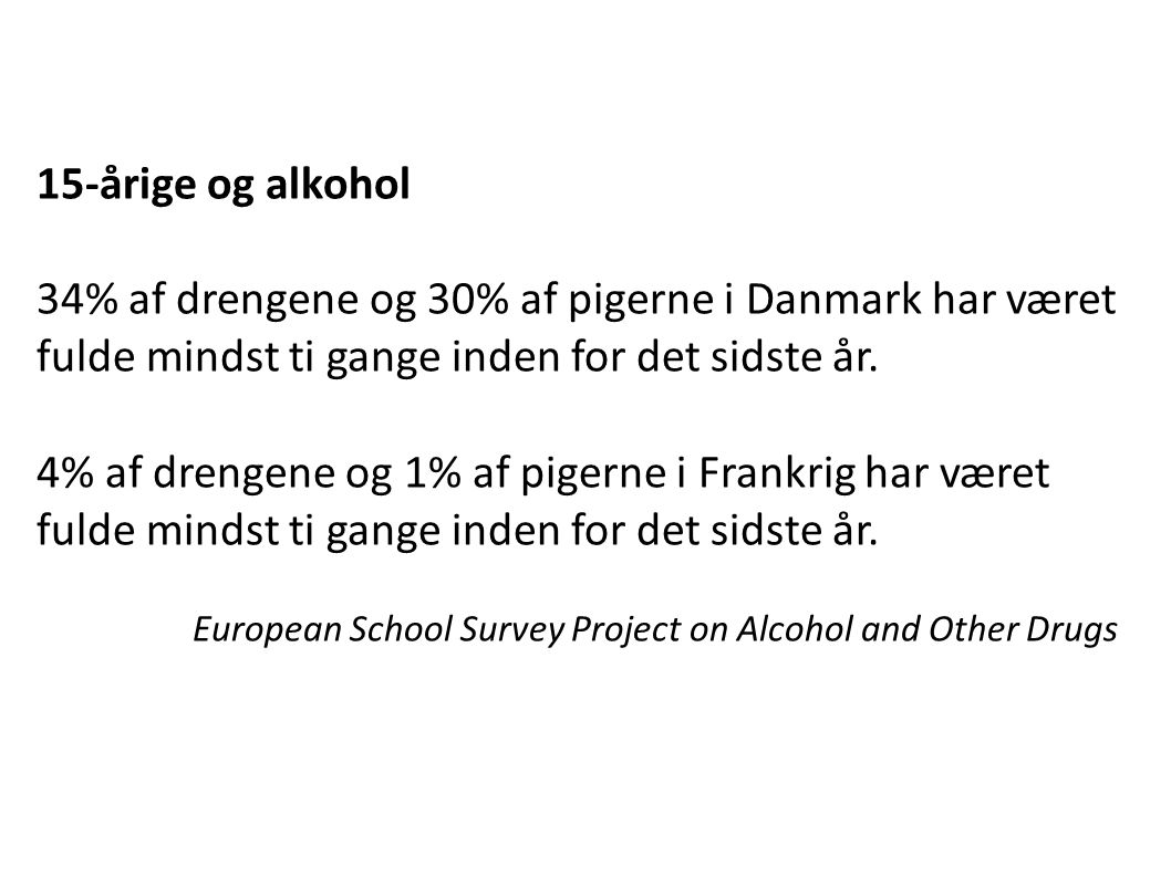 15-årige og alkohol 34% af drengene og 30% af pigerne i Danmark har været fulde mindst ti gange inden for det sidste år.