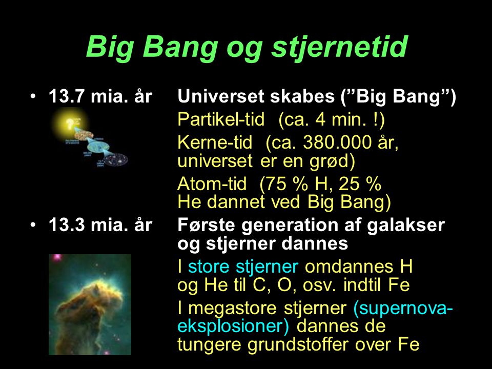 Big Bang og stjernetid 13.7 mia. år Universet skabes ( Big Bang )