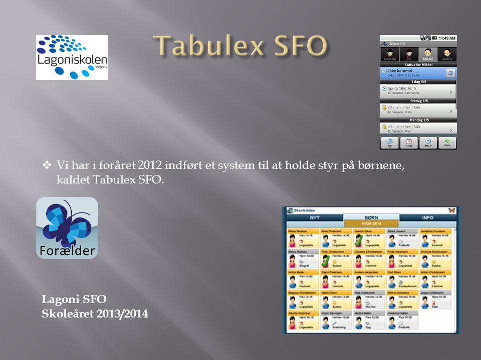 Tabulex SFO Vi har i foråret 2012 indført et system til at holde styr på børnene, kaldet Tabulex SFO.