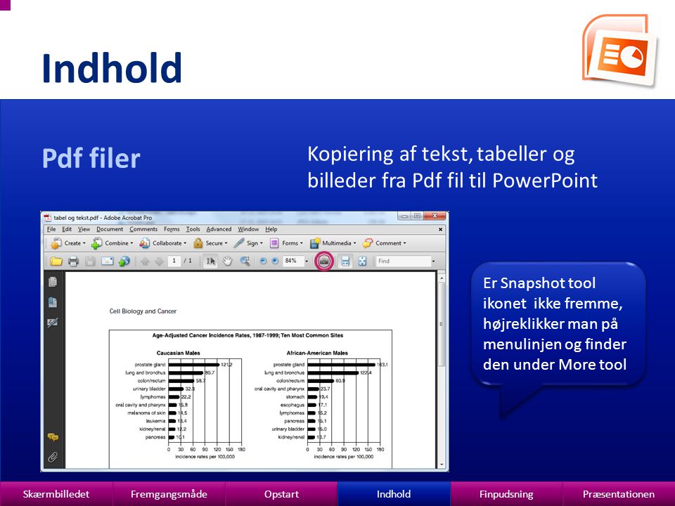 Indhold Pdf filer. Kopiering af tekst, tabeller og billeder fra Pdf fil til PowerPoint.