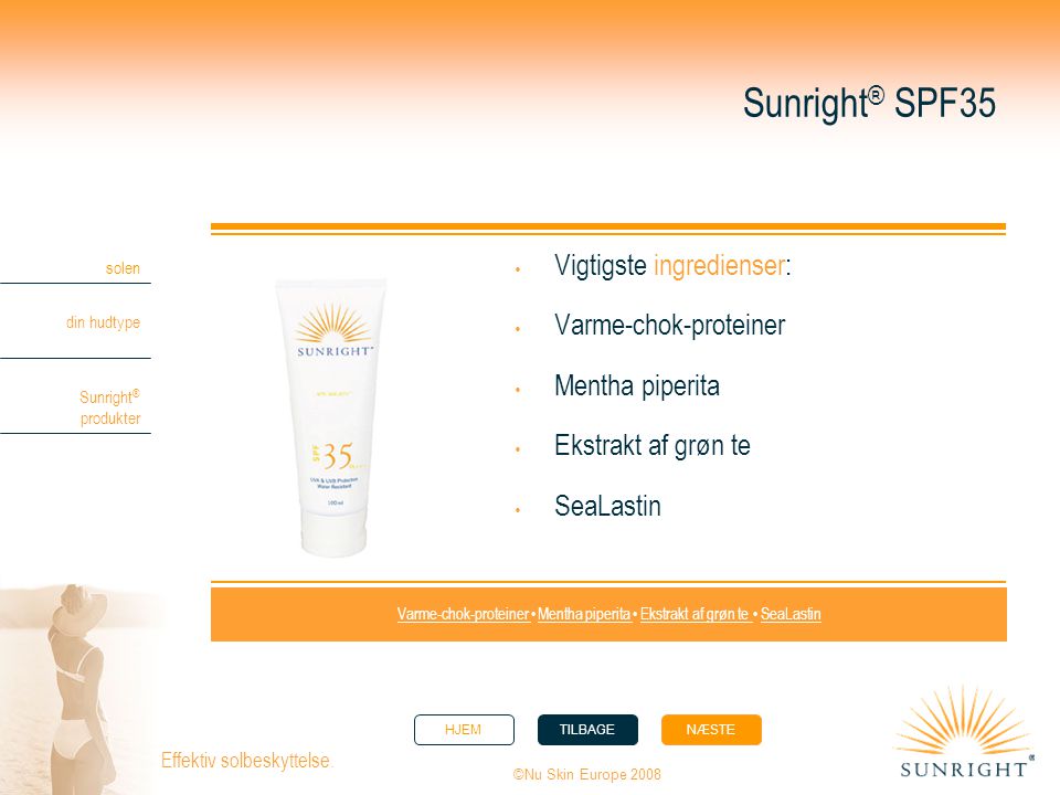 Sunright® SPF35 Vigtigste ingredienser: Varme-chok-proteiner