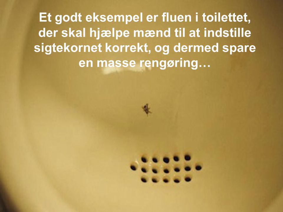 Et godt eksempel er fluen i toilettet, der skal hjælpe mænd til at indstille sigtekornet korrekt, og dermed spare en masse rengøring…