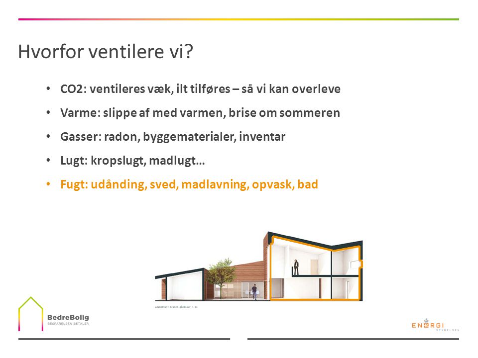 Hvorfor ventilere vi CO2: ventileres væk, ilt tilføres – så vi kan overleve. Varme: slippe af med varmen, brise om sommeren.