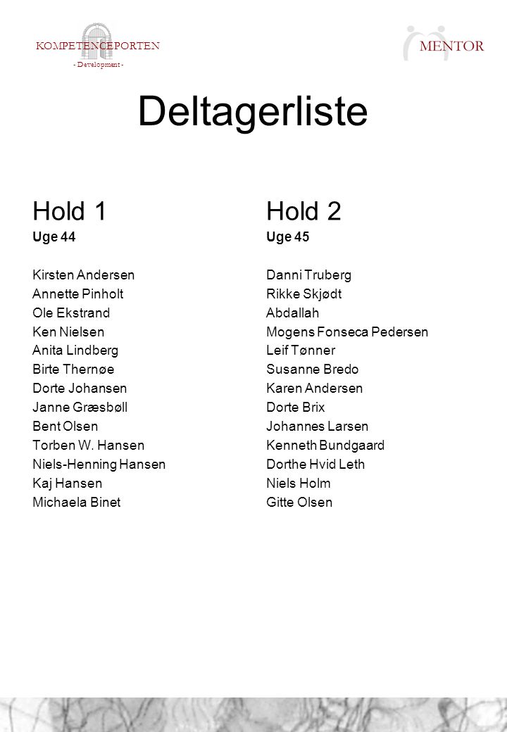 Deltagerliste Hold 1 Hold 2 Uge 44 Kirsten Andersen Annette Pinholt