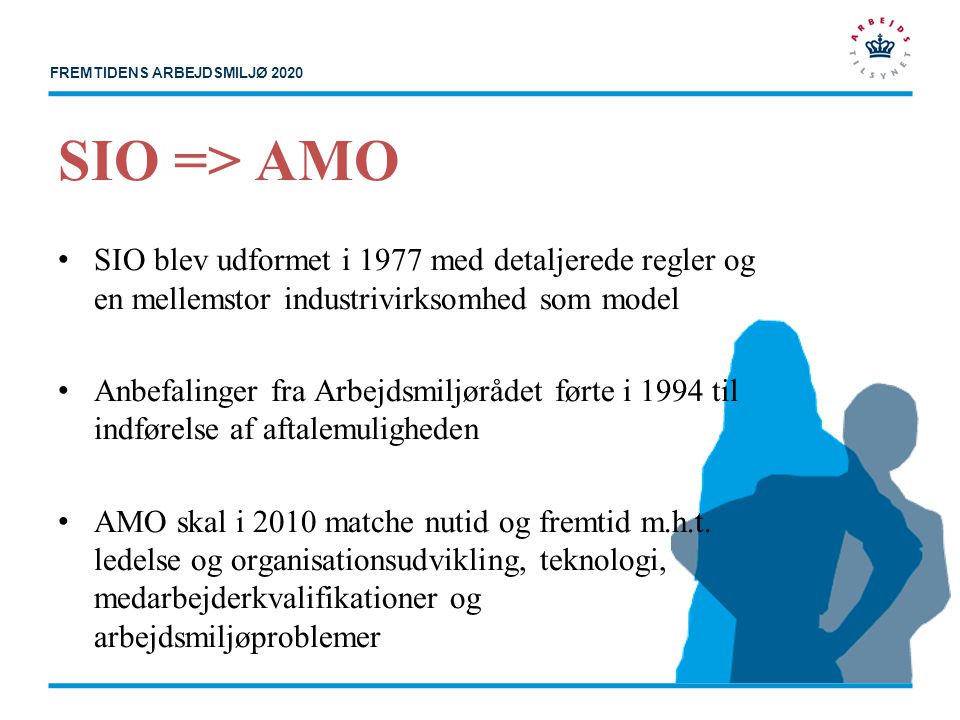 SIO => AMO SIO blev udformet i 1977 med detaljerede regler og en mellemstor industrivirksomhed som model.