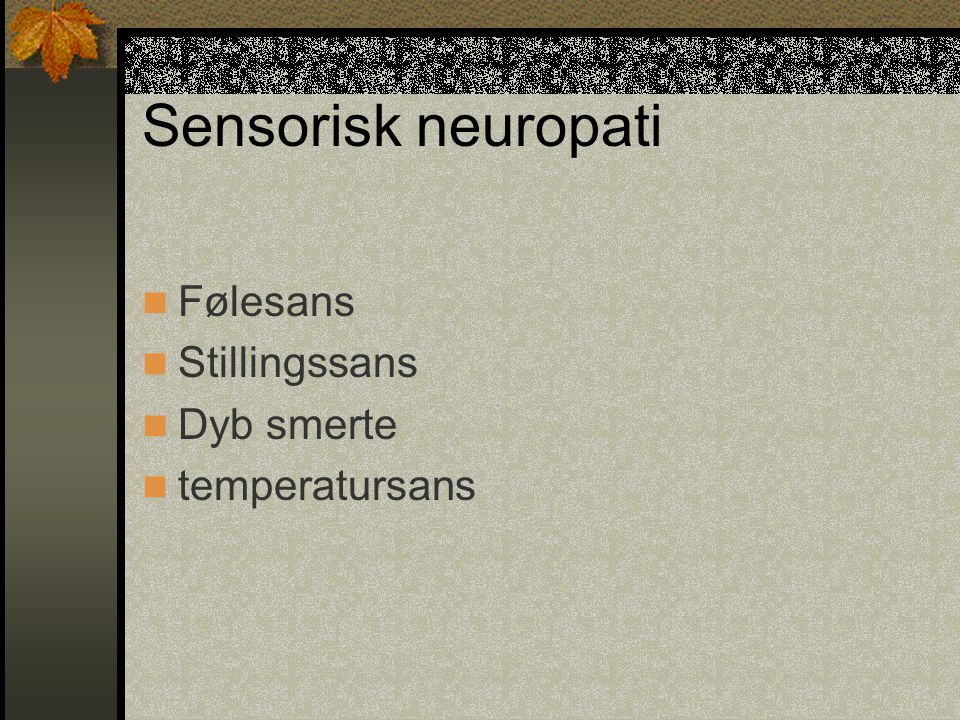Sensorisk neuropati Følesans Stillingssans Dyb smerte temperatursans