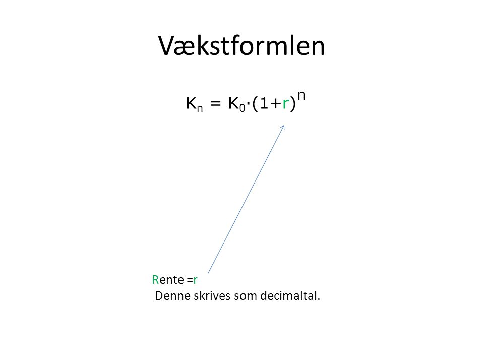 Vækstformlen Kn = K0·(1+r)n Rente =r Denne skrives som decimaltal.