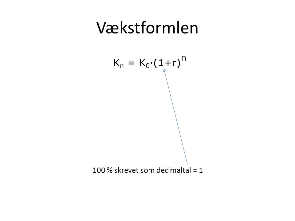 Vækstformlen Kn = K0·(1+r)n 100 % skrevet som decimaltal = 1