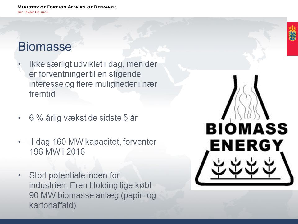 Biomasse Ikke særligt udviklet i dag, men der er forventninger til en stigende interesse og flere muligheder i nær fremtid.