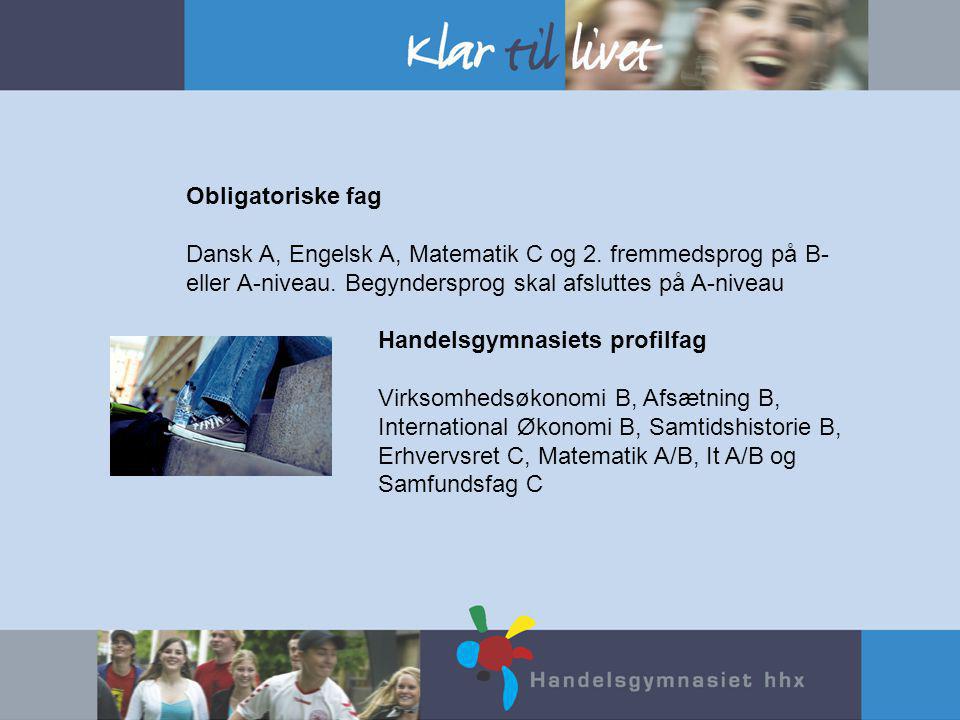 Obligatoriske fag Dansk A, Engelsk A, Matematik C og 2. fremmedsprog på B- eller A-niveau. Begyndersprog skal afsluttes på A-niveau.