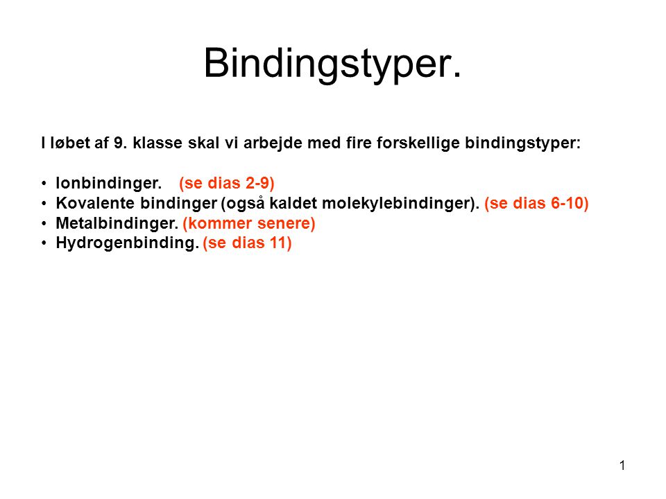 Bindingstyper. I løbet af 9. klasse skal vi arbejde med fire forskellige bindingstyper: Ionbindinger. (se dias 2-9)