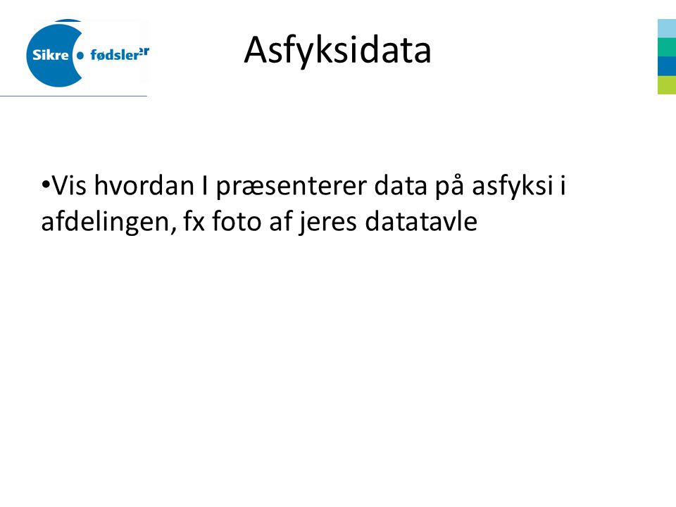 Asfyksidata Vis hvordan I præsenterer data på asfyksi i afdelingen, fx foto af jeres datatavle