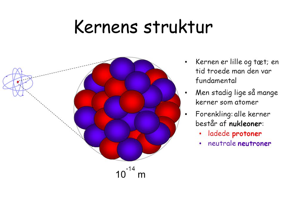 Kernens struktur m. Kernen er lille og tæt; en tid troede man den var fundamental. Men stadig lige så mange kerner som atomer.