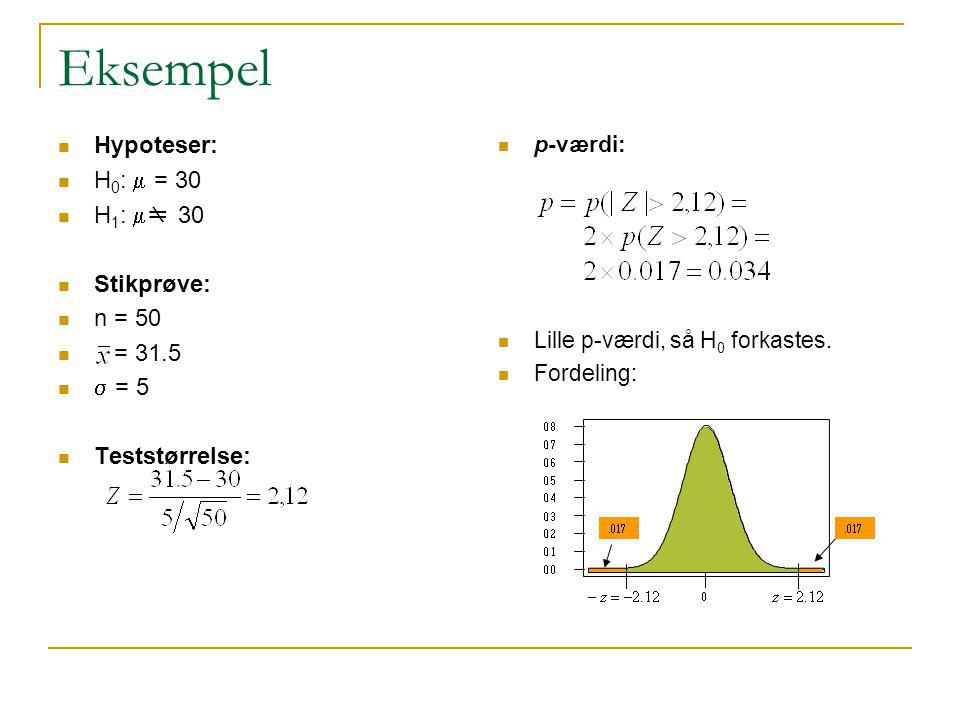 Eksempel Hypoteser: H0: m = 30 H1: mm 30 Stikprøve: n = 50 = 31.5