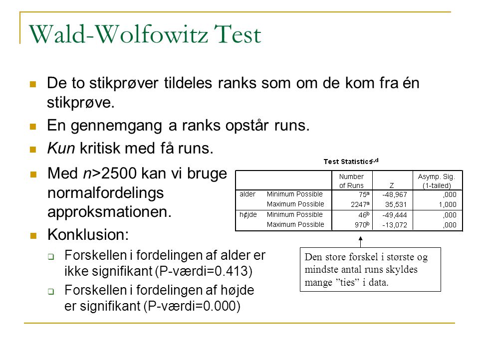 Wald-Wolfowitz Test De to stikprøver tildeles ranks som om de kom fra én stikprøve. En gennemgang a ranks opstår runs.