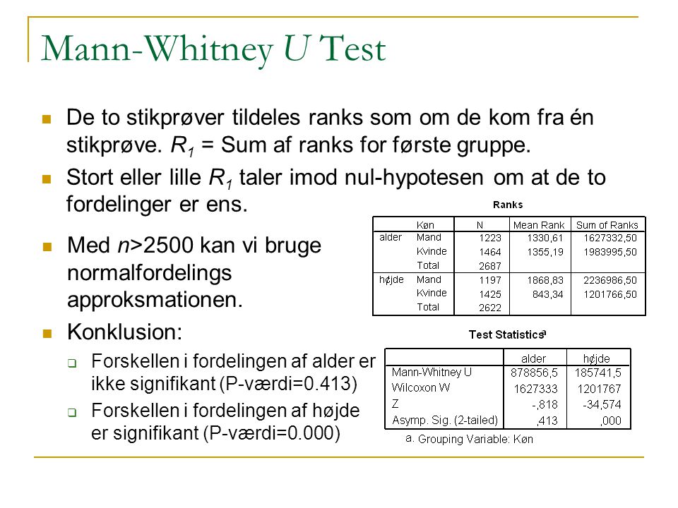Mann-Whitney U Test De to stikprøver tildeles ranks som om de kom fra én stikprøve. R1 = Sum af ranks for første gruppe.