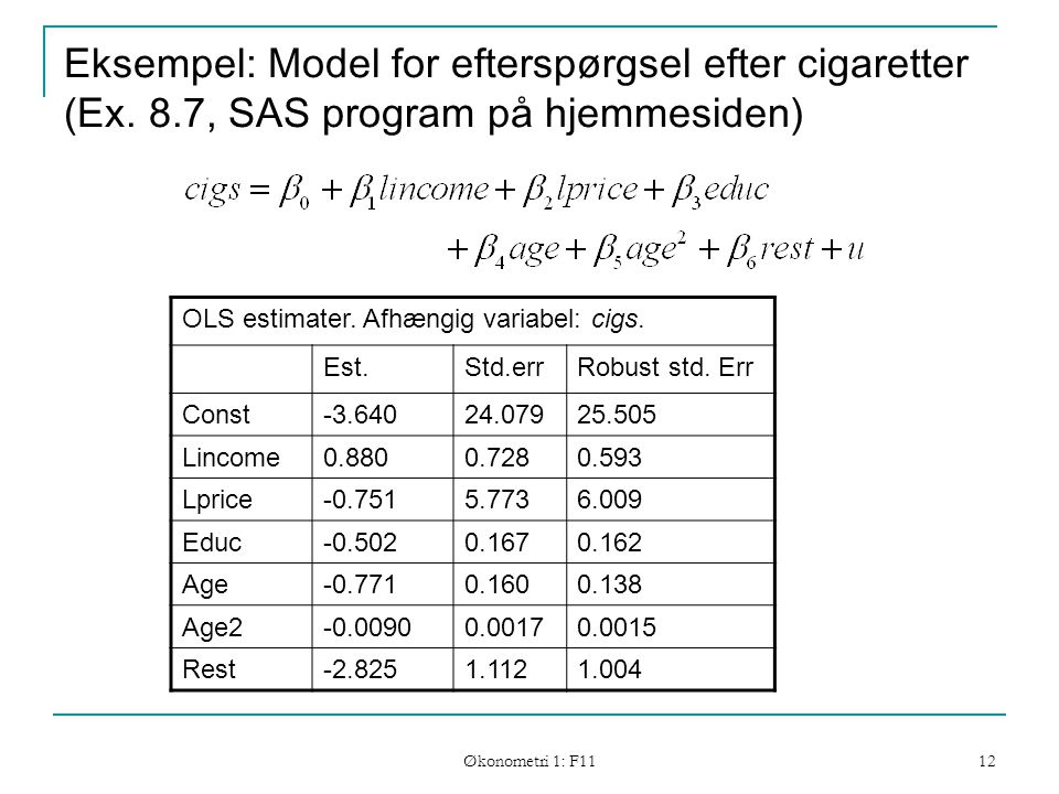 Eksempel: Model for efterspørgsel efter cigaretter (Ex. 8