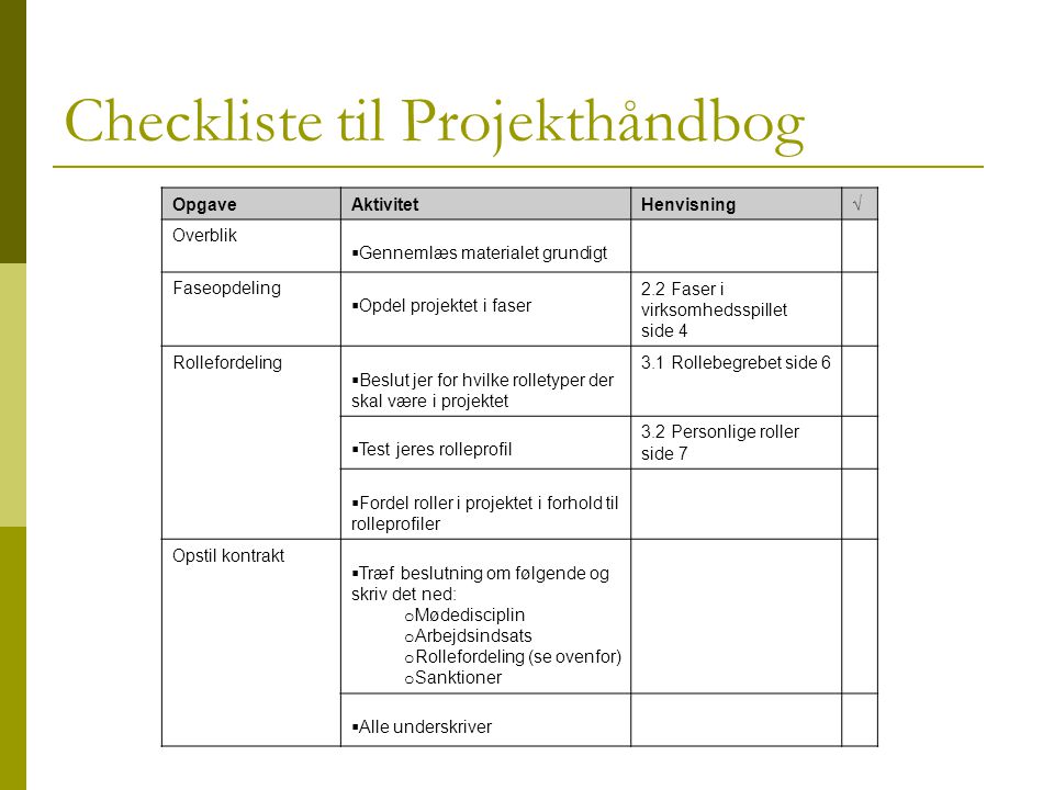 Checkliste til Projekthåndbog