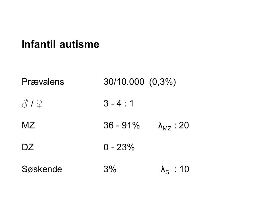 Infantil autisme Prævalens 30/ (0,3%) ♂ / ♀ : 1