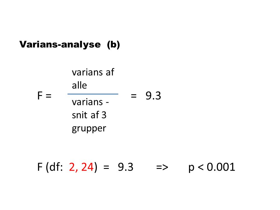 F = = 9.3 F (df: 2, 24) = 9.3 => p < varians af alle