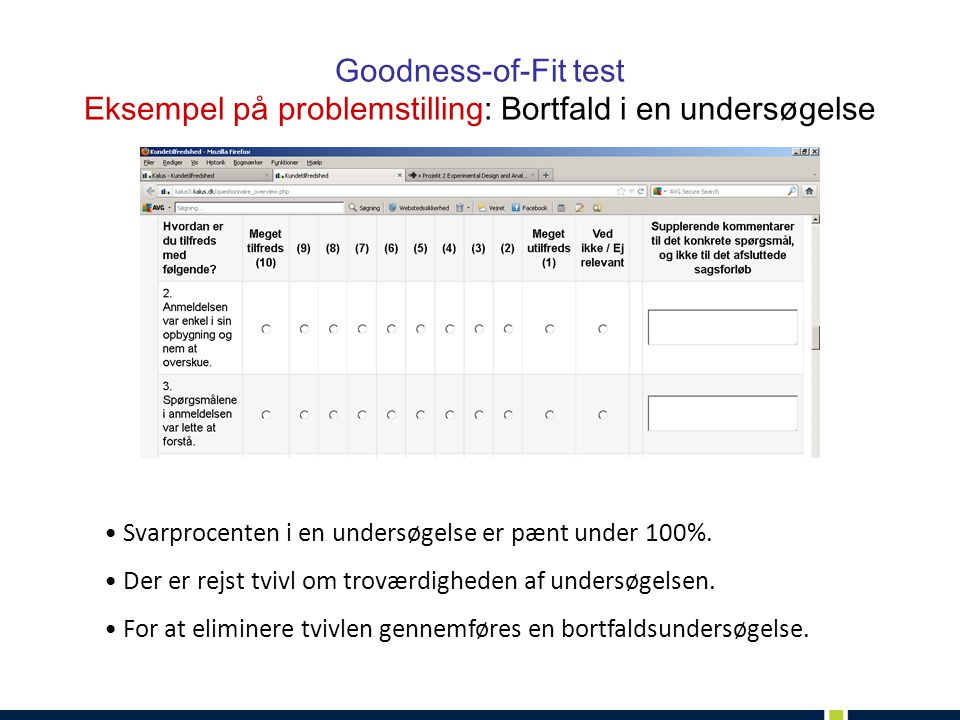 Goodness-of-Fit test Eksempel på problemstilling: Bortfald i en undersøgelse