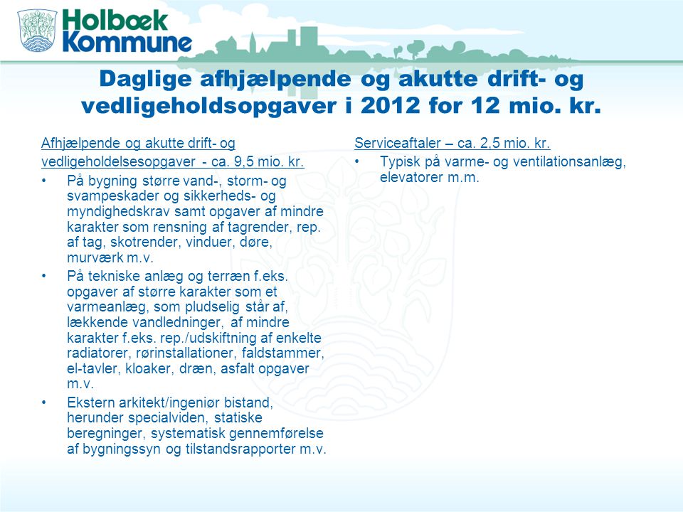 Daglige afhjælpende og akutte drift- og vedligeholdsopgaver i 2012 for 12 mio. kr.