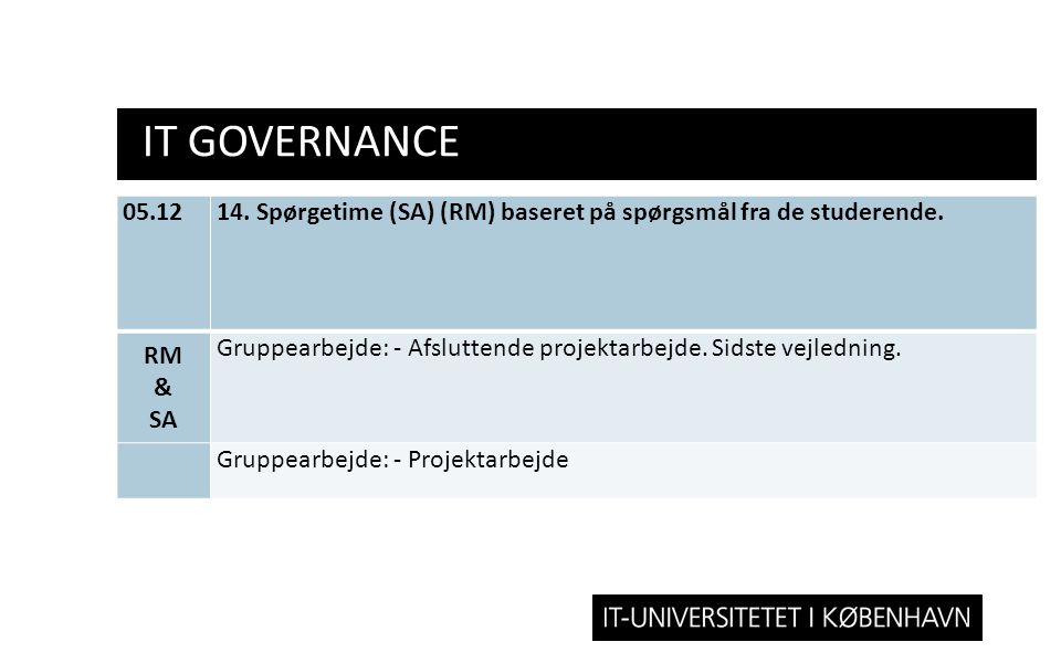 IT GOVERNANCE Spørgetime (SA) (RM) baseret på spørgsmål fra de studerende. RM & SA.