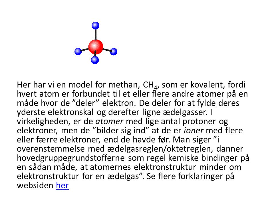 Her har vi en model for methan, CH4, som er kovalent, fordi hvert atom er forbundet til et eller flere andre atomer på en måde hvor de deler elektron.